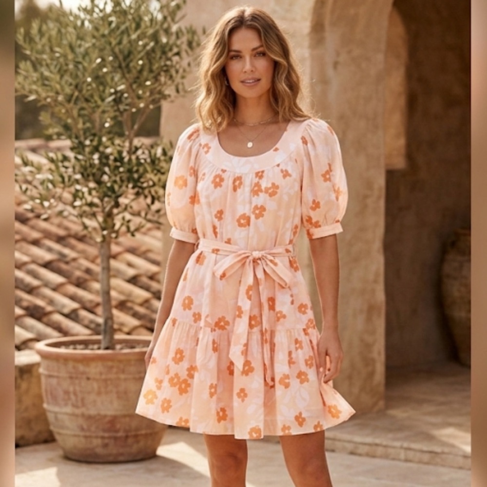 Tuckernuck Olivia James Anna Dress Orange Floral Puff Sleeves Cotton Dress XS